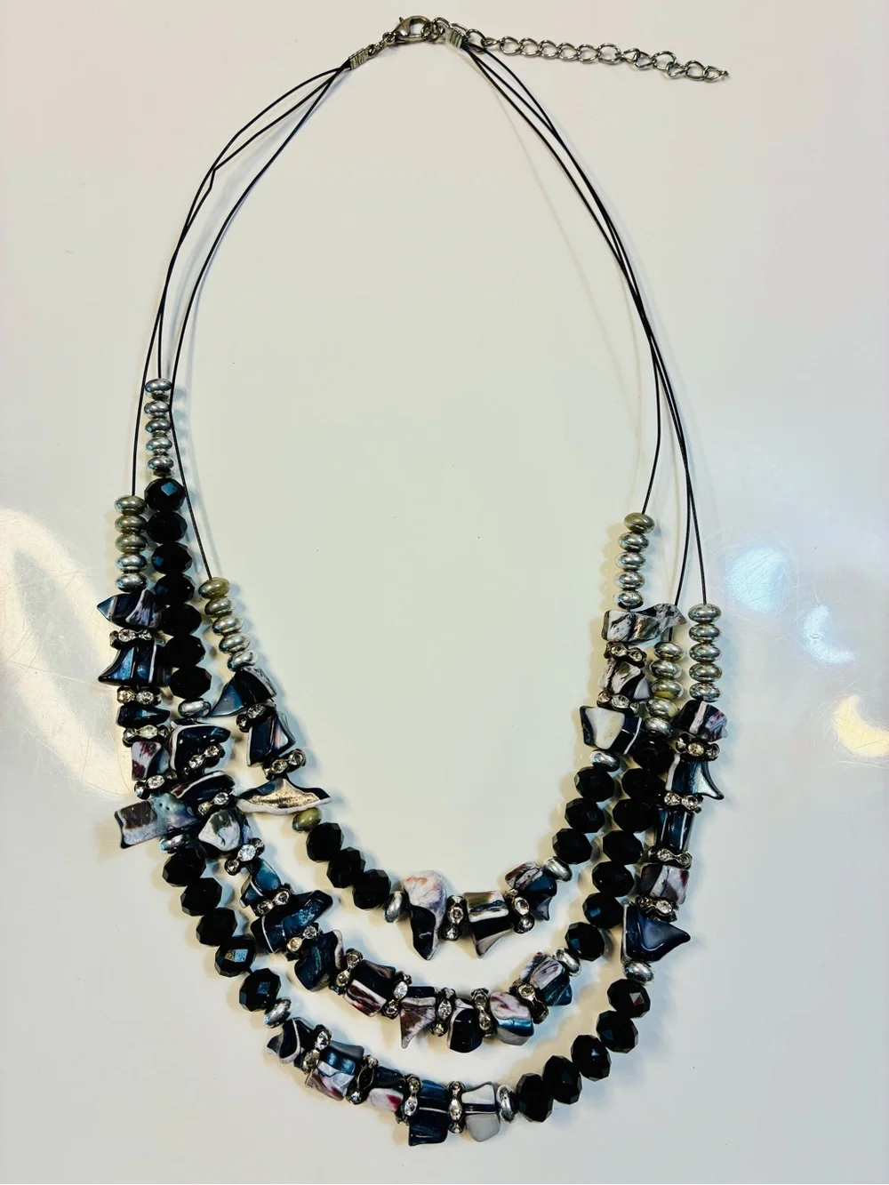 Multi-Strand Mother Of Pearl Chunky BLK & Iridescent Beaded Statement Necklace